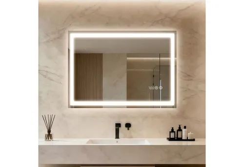 TLGREEN Badspiegel mit Beleuchtung und Uhr,LED Spiegel mit 3 Lichtfarben dimmbar, (gehärtetes Glas und Digitaluhr), Touch-Schalter, Memory-Funktion, beschlagfrei