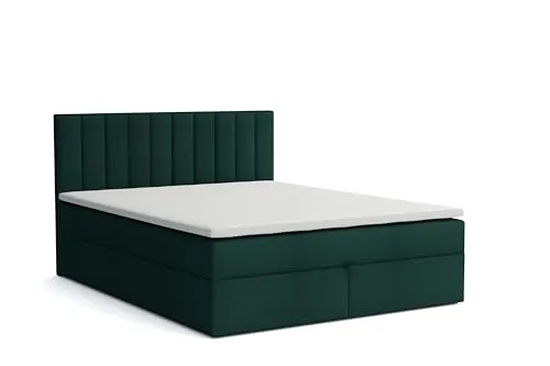 Boxspringbett mit Bettkasten ZADAR, Polsterbett mit Bonellmatratze Topper Doppelbett mit Stauraum gepolstertes Kopfteil, Doppelbett Schlafzimmer Härtegrad H3 (Trinity 28 - grün, 120 x 200 cm)
