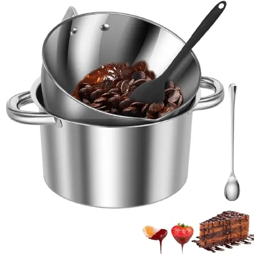 Produktbild 4er Set Wasserbad Schmelzschale,304 Edelstahl Schmelzschüssel mit Silikonspatel und Löffel,Kochschüssel,Fusionsschale,Schokofondue Schmelztopf,für Schokolade,Käse,Zucker,Butter,Käse,Karamell,Kerzen,2l