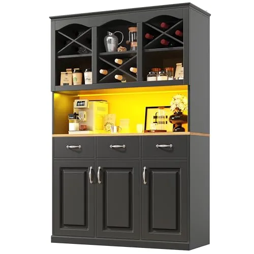Küchenschrank 120 × 40 × 180 cm, Hohes Küchenbuffet, Mehrzweckbuffet, Snackschrank, Aufbewahrungsmöbel mit Drei Türen, Küchenschrank mit Arbeitsplatte, Drei Schubladen und Beleuchtung, Schwarz