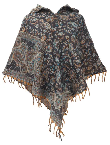 Ethno Hippie Poncho mit langer Zipfelkapuze - schwarz/blau - Stylischer Ethno Poncho mit langer Kapuze, ideal für jede Jahreszeit. Hergestellt aus hochwertigem Polyacryl für optimalen Tragekomfort. Perfekt für entspannte Tage!