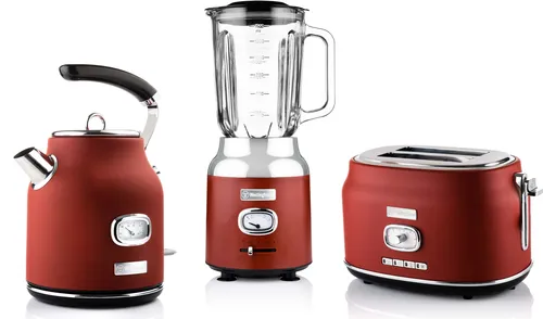 Westinghouse Retroline Frühstück-Set Rot: Toaster, Standmixer & Wasserkocher - Toaster, Standmixer & Wasserkocher im stilvollen Retro-Design, mit praktischen Funktionen wie einem integrierten Kalkfilter und 3 Geschwindigkeitsstufen für vielseitige Einsatzmöglichkeiten.
