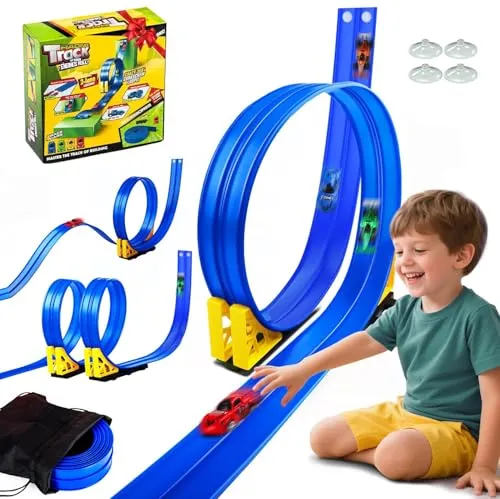 Alitree Autorennbahn 5M Inklusive 4 Autos, Rennbahn Mit Looping und U Track | Rollt Auf Dual Rennstrecke Rampen, DIY-Autobahn, Portable Spielzeug autorennbahn für Kinder ab 3+ Jahre