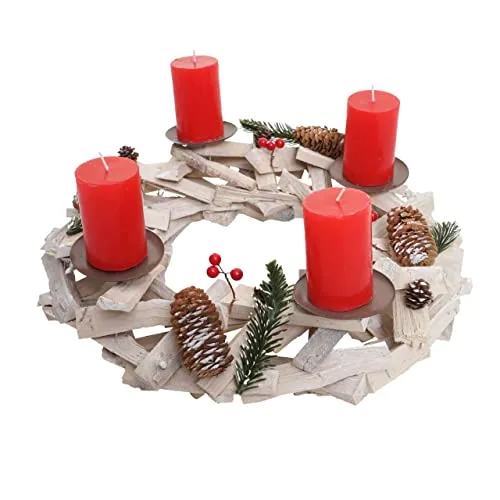 Adventskranz rund, Weihnachtsdeko Tischkranz, Holz Ø 40cm weiß-grau - mit Kerzen, rot