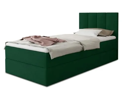 Boxspringbett Star Mini mit Bettkasten - Einzelbett in Grün 100x200 cm - Stilvolles Polsterbett mit praktischem Bettkasten und luxuriöser Bonell-Matratze für optimalen Schlafkomfort. Inklusive hochelastischem Matratzentopper und Hebeautomatik für einfachen Zugang.