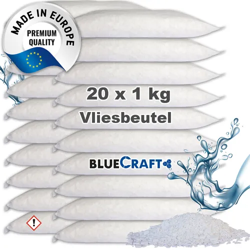 Bluecraft 20x 1kg Luft-Entfeuchter Granulat Nachfüllpack - Luftentfeuchter ohne Strom, nachhaltig und geruchlos, reguliert Luftfeuchtigkeit optimal zwischen 40-60% für ein angenehmes Raumklima.