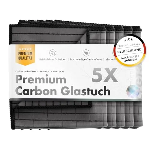 Chemicalworkz® Premium Carbontücher (5er Set) - Fenstertücher für kristallklare Autoscheiben ohne Streifen & Schlieren - Carbon Mikrofasertücher Auto Glastuch & Fensterputztücher - 360GSM, 40x40cm
