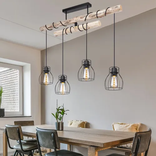 Hängeleuchte Holzbalken 4 Flammig - Höhenverstellbare Esszimmerlampe - Moderne Pendelleuchte aus schwarzem Metall und Holz, drehbarer Arm für flexibles Licht, 4x E27 Fassungen für individuelle Lichtgestaltung, ideal für Esszimmer.