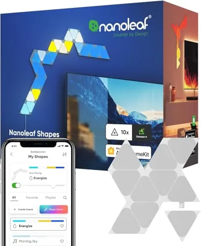Nanoleaf Shapes Mini Triangle Erweiterungspack - 10 RGBW LED Panels - Erweiterung für Nanoleaf Shapes mit 10 Mini-Dreiecken, die harmonische Farbübergänge bieten und mit Musik sowie Bildschirm synchronisieren. Ideal für kreative Lichtgestaltung in Innenräumen.