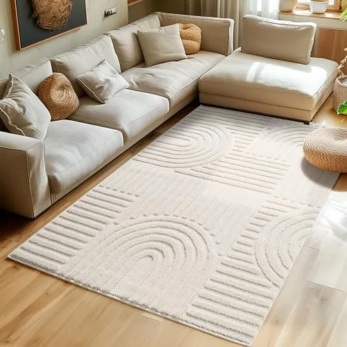 Hochflor Teppich 3D Design Creme 200 x 290 cm - Hochflor Teppich für Wohnzimmer, Küche und Schlafzimmer, skandinavisches Boho-Design mit flauschiger Oberfläche für ein gemütliches Ambiente, pflegeleicht und OEKO-TEX zertifiziert.