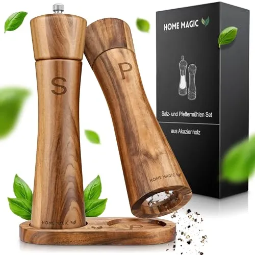 Home Magic Pfeffermühle Holz – Premium Salz und Pfeffermühle 2er Set aus Akazienholz mit Untersetzer | Hochwertiges Keramikmahlwerk