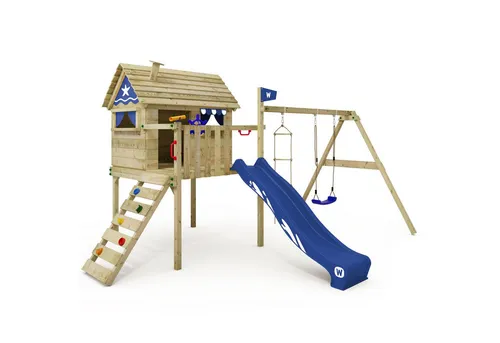 WICKEY Spielturm Klettergerüst Smart Travel mit Schaukel & Rutsche - Kreativer Spielturm aus kesseldruckimprägniertem Holz, inklusive Schaukel und blauer Rutsche, ideal für stundenlangen Spielspaß im Garten. Hohe Sicherheit und einfache Montage garantiert!