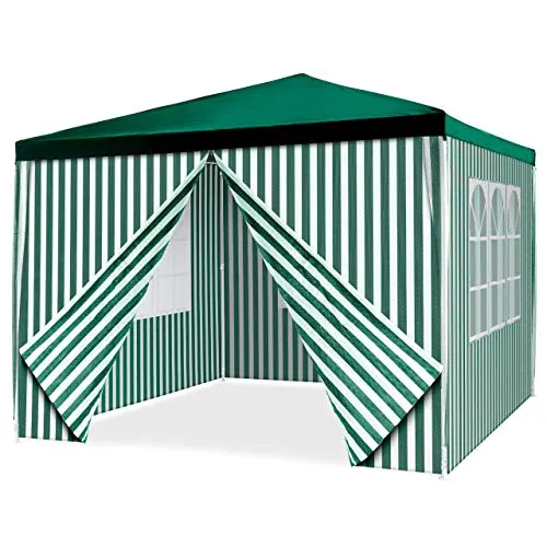 Nexos Trading Pavillon 3x3 m in grün weiß PE Plane 110g/m² + 4 Seitenteile Partyzelt Gartenzelt Sonnenschutz Stahlgestell Festivalzelt Eventzelt Partyzelt