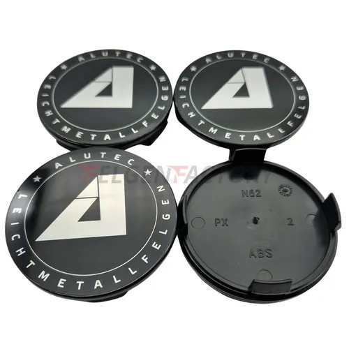 4X Alutec Nabendeckel 61mm Schwarz Glanz (N62) Logo Silber (ALM) - Original F...