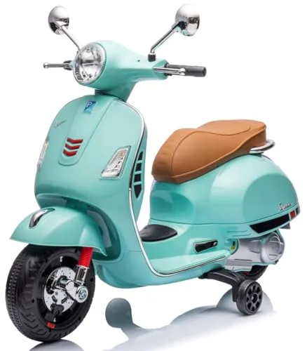 Vespa Elektro Kindermotorrad ab 3 Jahren mit Kunststoffräder und -sitze, MP3-Player, USD MicroSD AUX-Anschluss. Elektroroller, Kinderroller (Türkis - Ohne Koffer)