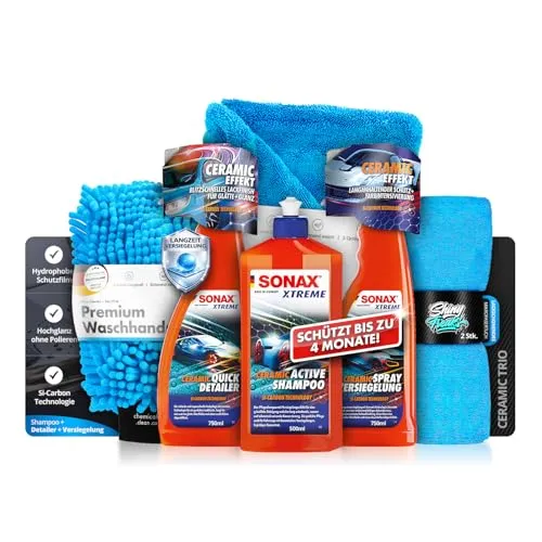 Versiegelungs Set: SONAX XTREME Ceramic SprayVersiegelung 750ml + Ceramic QuickDetailer 750ml + Ceramic ActiveShampoo 500ml – Versiegelung, Pflege & Finish im Set inkl. Zubehör