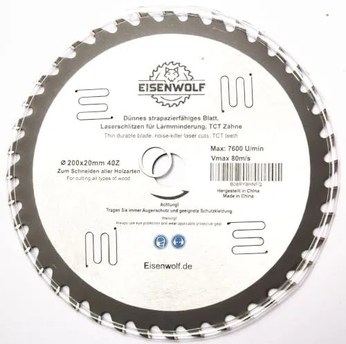 Eisenwolf 200x20 mm gespanntes langlebiges und strapazierfähiges Sägeblatt, Kreissägeblatt für Holz mit 40 gekippten TCT-Zähnen und Laser-Cuts für Lärmminderung