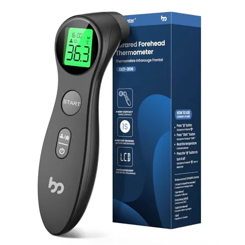 Kontaktloser Fieberthermometer für Babys, Für Kinder und Erwachsene,Stirn-Infrarot Digital-Thermometer, Stirn-Infrarot-Thermometer Digital, Fieberwarnung und 3-Farben-Anzeige (Schwarz)