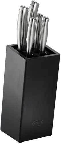 RÖSLE Bürsten-Messerblock Basic Line - 6-tlg. Bambus Messerblock mit 5 scharfen Küchenmessern - Küchenmesser Set mit 5 hochwertigen Messern aus Spezialstahl und ergonomischen Griffen, ideal für alle Küchenaufgaben. Stilvoller Messerblock aus schwarzem Bambusholz bietet sicheren Halt und schützt die Klingen.