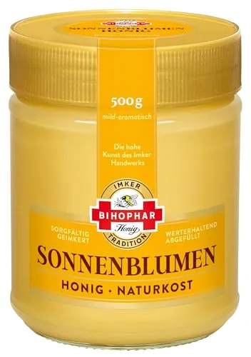 BIHOPHAR Sonnenblumen-Honig 500g - Brotaufstrich – Cremiger Sonnenblumen-Honig mit mild-aromatischem Geschmack, der die Wärme des Sommers einfängt und ideal für süße Brotaufstriche ist.