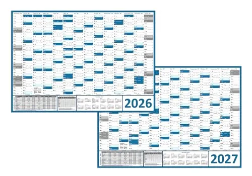 XXL Wandkalender Wandplaner 2026 + 2027 blau (gerollt) DIN A0 Format (841 x 1189 mm) 14 Monate, komplette Jahresvorschau Folgejahr und Ferientermine Feiertage aller Bundesländer