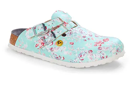BIRKENSTOCK Damen Clogs Kay ESD - Flowers Fields Mint, Schmal EU 41 - Clogs für Damen mit ESD-Zertifizierung, anatomisch geformtem Fußbett aus Kork-Veloursleder und individuell verstellbarer Dornschnalle für optimalen Tragekomfort.