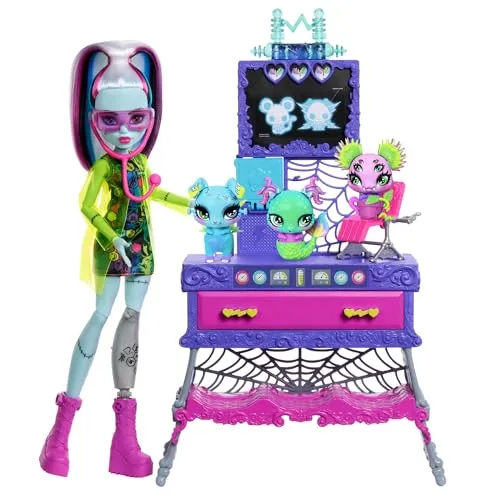 Monster High Make-A-Monster Pet Spielset, Frankie-Stein-Puppe und über 30 Zubehörteile für unzählige Haustierkombinationen, Möbel für das Verrückte Wissenschaft“-Labor, JBF18