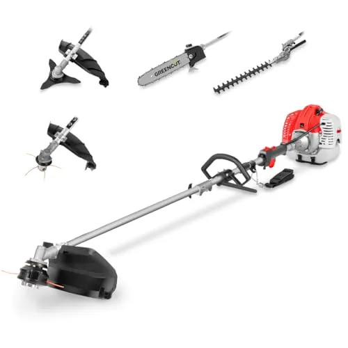 GREENCUT GM650X-5 – 5-in-1 Multifunktions-Freischneider mit Benzinmotor, 2-Takt, 5 austauschbare Aufsätze, Motorsense, Heckenschere und Hochentaster für den Garten