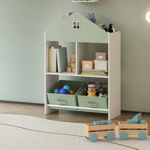[en.casa] Kinder Bücherregal Vipsali - Spielerisches Hausdesign mit 2 Faltboxen - Kinderzimmerregal im charmanten Hausdesign mit zwei faltbaren Aufbewahrungsboxen. Fördert Ordnung und Selbstständigkeit durch einfachen Zugriff für Kinder.