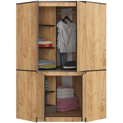 BDW - Eckschrank Schlafzimmer - Kleiderschrank Groß - Schrank 100 cm breit, 180 cm hoch - Eckkleiderschrank mit Kleiderstange und Einlegeböden - Kleiderschrank Handwerkliche Eiche
