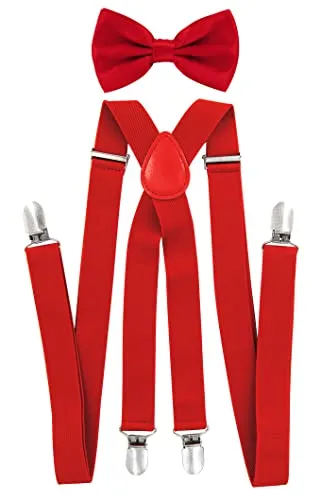 axy Hochwertige Herren Hosenträger mit Fliege - 4 Starken Clips X-Form (Rot (Hosenträger Breit 2,5cm))