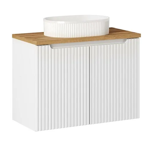 Lomadox Waschtisch NEWPORT-56-WHITE, 80cm mit Aufsatzwaschbecken - Eleganter Waschtisch in Weiß und Eiche mit gerillter Front, ideal für kleine Badezimmer dank reduziertem Tiefenmaß und hochwertiger Verarbeitung. Verleihe deinem Bad einen modernen Touch!