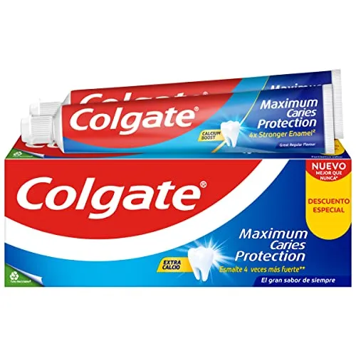 Colgate Maximum Caries Protection Zahnpasta mit Fluor, 2 Stück x 75 ml, Zahnpasta gegen Karies, Kalziumformel, die zwischen die Zähne eindringt, den Atem erfrischt, angenehmer Minzgeschmack