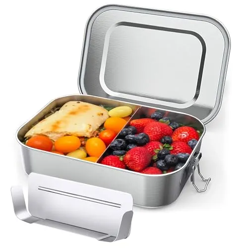 OITUGG Brotdose Edelstahl - 1400ml Lunchbox Edelstahl - Brotbox Edelstahl mit Trennwänd - Brotdose Metall für Erwachsene, Design Schnappverschlüssen, Spülmaschinengeeignet, 20 x14 x6.6cm