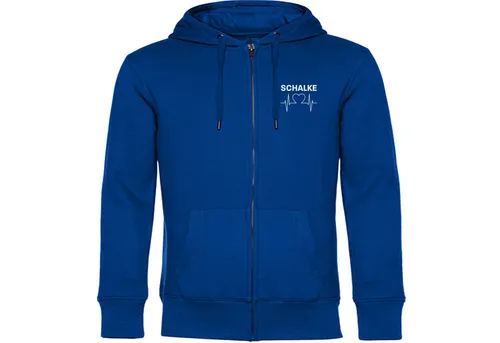 multifanshop Kapuzensweatjacke Schalke - Herzschlag - Hochwertige Kapuzensweatjacke für Schalke-Fans, mit kuscheliger Oberfläche und langlebigem Druck. Ideal als Geschenk oder für den eigenen Fan-Kick! Material: 80% Baumwolle, 20% Polyester, Grammatur 280 g/m².