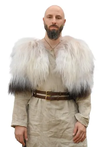 Battle-Merchant – Berserker Fellumhang – Wikinger Schulterfell – Naturfell, Tierfell – für Damen und Herren – Verkleidung, Mittelalter, LARP (Nordlandschnucken-Fell, Weiß gefleckt)