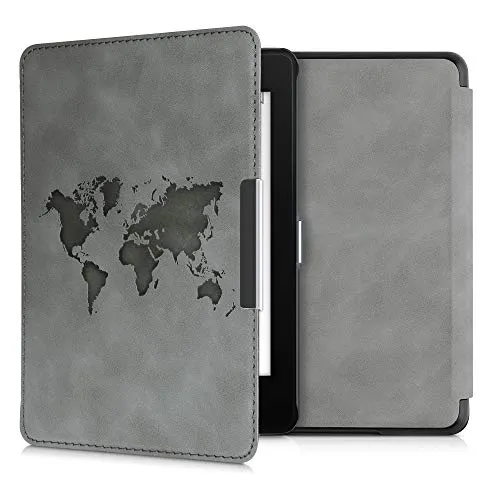 kwmobile Schutzhülle für Amazon Kindle Paperwhite (10. Gen - 2018) Hülle - eReader Case aus Kunstleder mit Auto Sleep Funktion - Travel Umriss mit Grau