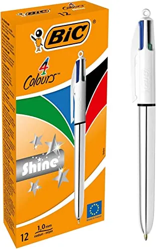 BIC 4 Farben Kugelschreiber Set 4 Colours Shine, in Silber, 12er Pack, Ideal für das Büro, das Home Office oder die Schule