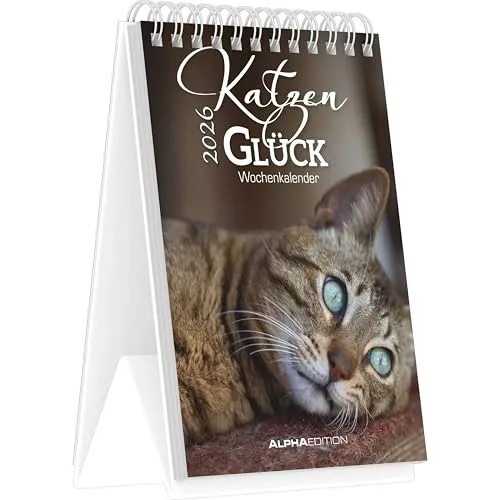 Alpha Edition - Katzenglück 2026 – Tischkalender 10,5×14,8 cm mit 53 Katzenmotiven & Sprüchen, dekorativer Aufstellkalender für Zuhause & Büro, perfektes Geschenk für Katzenliebhaber