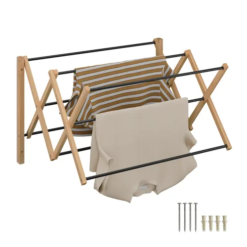 relaxdays Ausziehbarer Wäscheständer Wandmontage, Holz/Schwarz - Wäscheständer für die Wand: platzsparend, ausziehbar und ideal für kleine Wohnungen. 8 Stangen sorgen für optimale Luftzirkulation und bieten viel Platz für Wäsche.