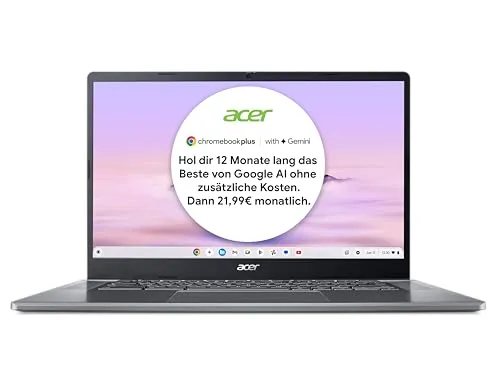 Acer Chromebook Plus 515 (CB515-2H-30CZ) Laptop - FHD Display, Intel Core i3, 8 GB RAM - Laptops mit ChromeOS und AI-Funktionen: Erlebe sicheres Arbeiten und kreative Tools für Fotos und Videos. Inklusive 12 Monate Google One AI Premium-Abo für erweiterten Cloud-Speicher.