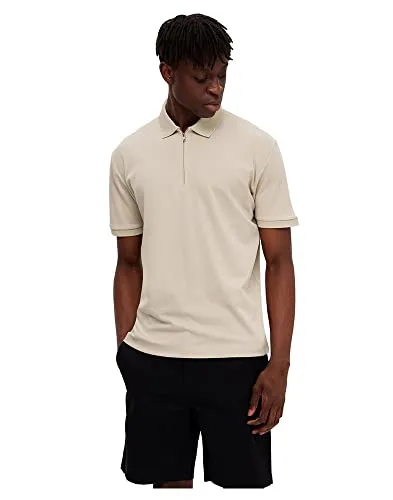 SELETED Homme Herren SLHFAVE Zip SS Polo Poloshirt, Oatmeal, S - Poloshirt für Herren aus Interlock-Stoff, merzerisiert für langlebigen seidigen Glanz und mit stilvollen gerippten Kragen und Ärmelbündchen.