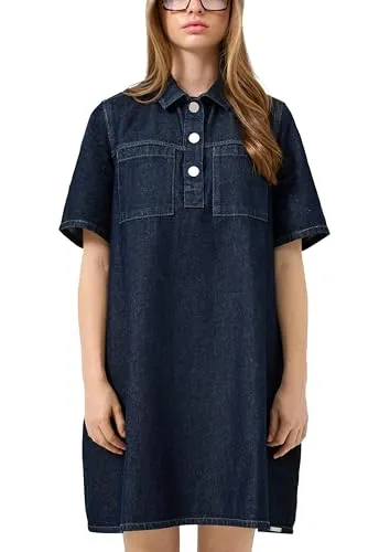 QS Denimkleid mit Brusttasche - Hochwertiges Denimkleid mit regulärer Passform, Hemdkragen und weit geschnittenen Ärmeln. Ideal für lässige Anlässe und bequem im Tragen.
