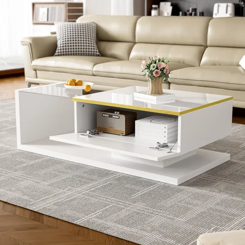 MODFU Moderner Couchtisch 100cm Beistelltische mit 16 Farben LED-Beleuchtung,reichlich Platz, Sofatisch mit Hochglanz und Glasdesktop Design,Weiß