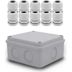 ARLI Abzweigdose 100x100x50 mm IP54 Feuchtraum + 10x M25 Kabelverschraubung IP68 | Aufputz Verteilerkasten ABS Grau