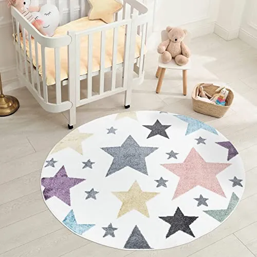 carpet city Teppich Kinderzimmer Sterne - Creme - 120 cm Rund - Teppich fürs Kinderzimmer mit bunten Sternen, ideal für ein gemütliches Spiel- und Kuschelambiente. Hochwertig und pflegeleicht, sorgt er für warme Füße und Freude beim Spielen.
