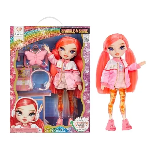 Rainbow High Sparkle & Shine Doll - Dawn - 28 cm Modepuppe mit Korallenrotem Haar und Magischen Zauberblasen in den Beinen, Farbe, zum Stylen und Spielen, Sammlerstück, Für Kinder von 4 bis 12 Jahren