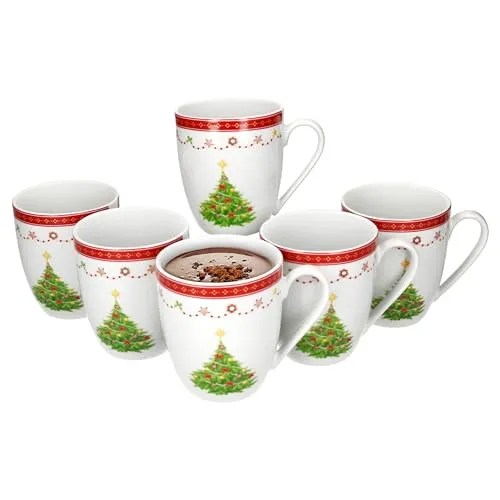 MamboCat Becher 6x Weihnachtstraum - 6er Set Porzellan-Kaffeebecher (340ml) mit festlichem Design, ideal für winterliche Heißgetränke wie Glühwein oder Tee, spülmaschinen- und mikrowellengeeignet.