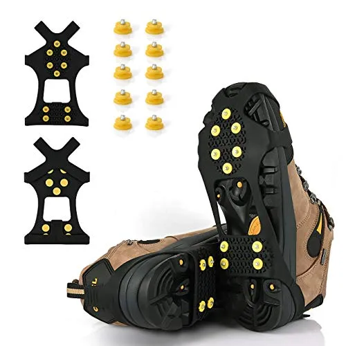 BETLLEMORY Ice Cleats, Ice Grips Traaction Cleats Grippers Anti-Rutsch Over Shoe / Boot Rubber Spikes Steigeisen mit 10 Stahlnieten Steigeisen + 10 Extra Stollen (Medium, Schwarz)