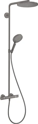 hansgrohe Raindance Select S 240 1jet P PowderRain Showerpipe mit Thermostat - Elegante Duscharmatur in Brushed Black Chrome, bietet ein luxuriöses PowderRain-Erlebnis für Ihr Bad.
